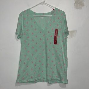 NWT Size XXL Women’s Merona Green Pink Flamingo V Neck T Shirt